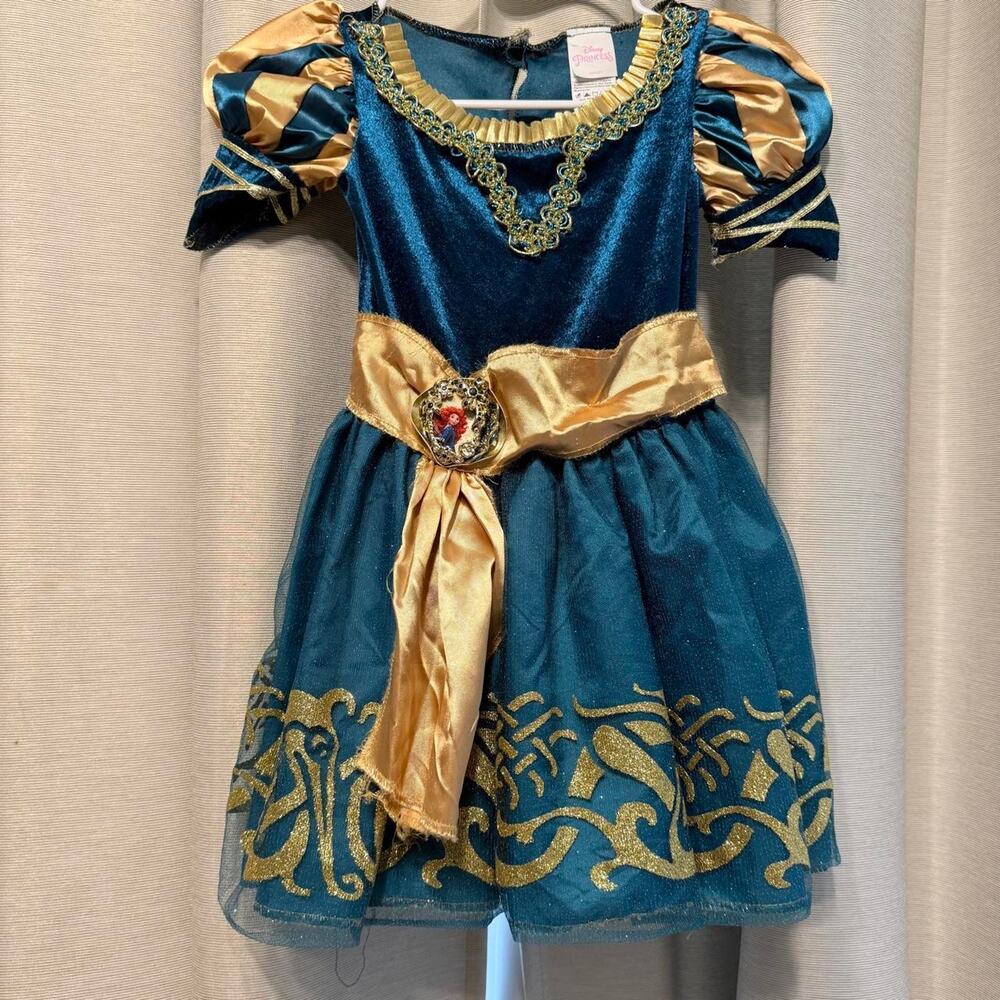 Disney Princess Merida Brave kids teal blue dress gold trim & gold ornate 3T-4T - Picture 2 of 7